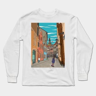 Downtown Riga Latvia Whimsical Retro Inspired Illustration Long Sleeve T-Shirt